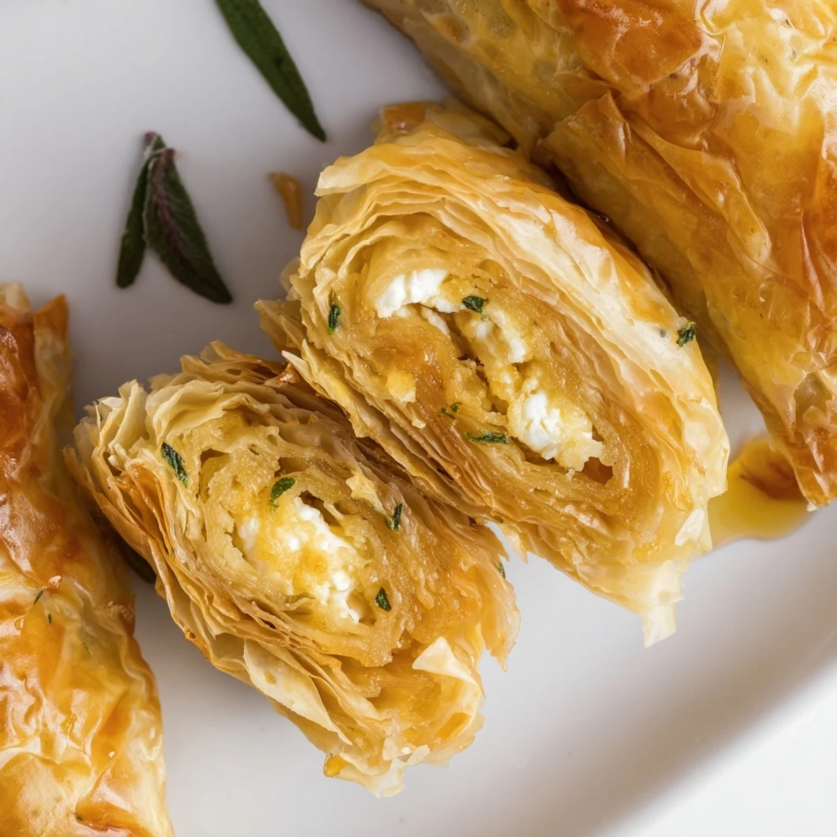Oven Fried Feta Rolls With Chili Honey drizzled warmly beside fresh salad leaves for serving.