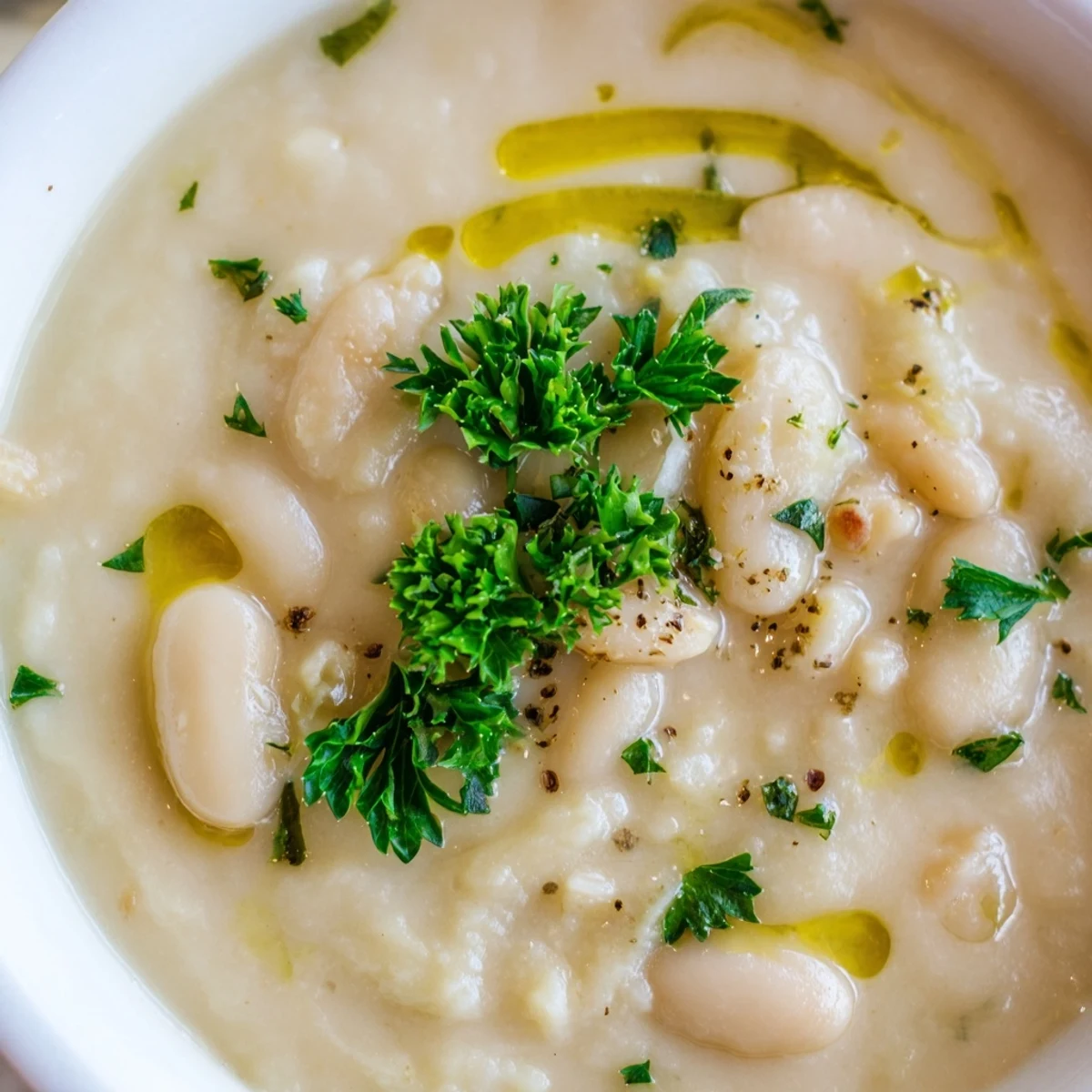 The finished Rosemary and Roasted Garlic White Bean Soup served warm in a rustic bowl.