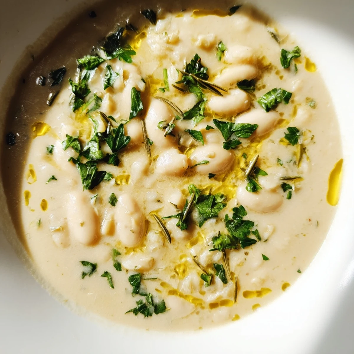 A close-up of creamy Rosemary and Roasted Garlic White Bean Soup topped with fresh parsley.