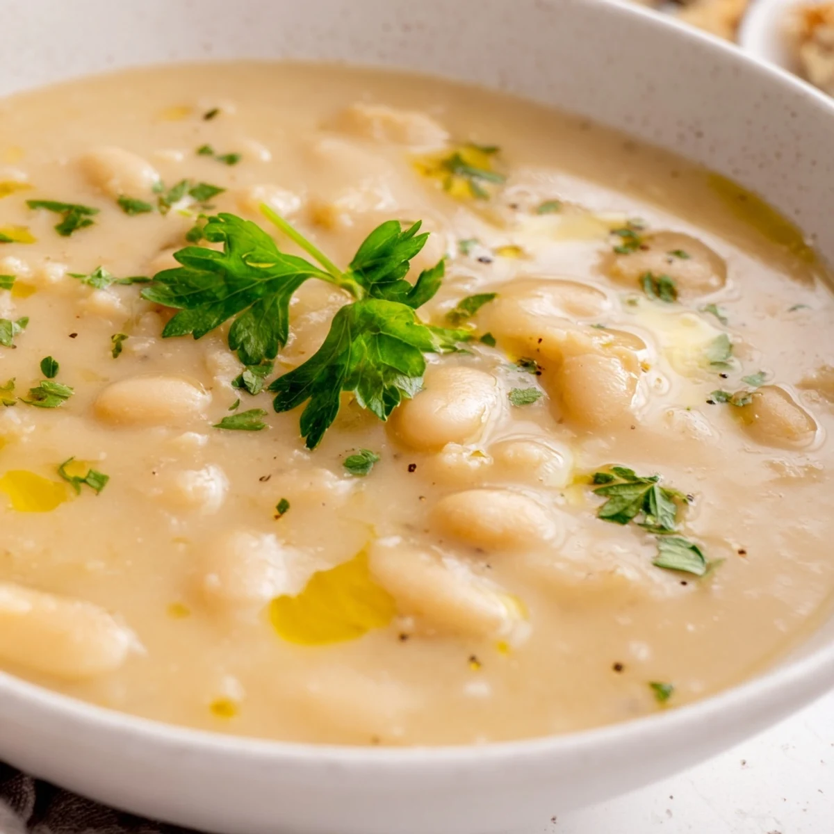 Rosemary and Roasted Garlic White Bean Soup simmering in a pot with a wooden spoon.