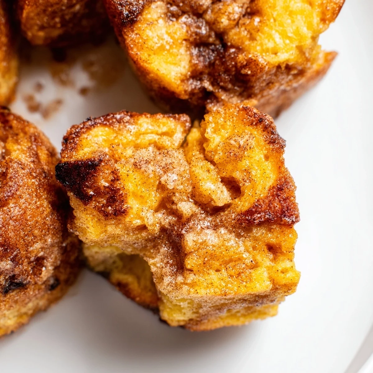 Golden brown Protein French Toast Muffins fresh from the oven, topped with fresh berries and a light maple glaze.