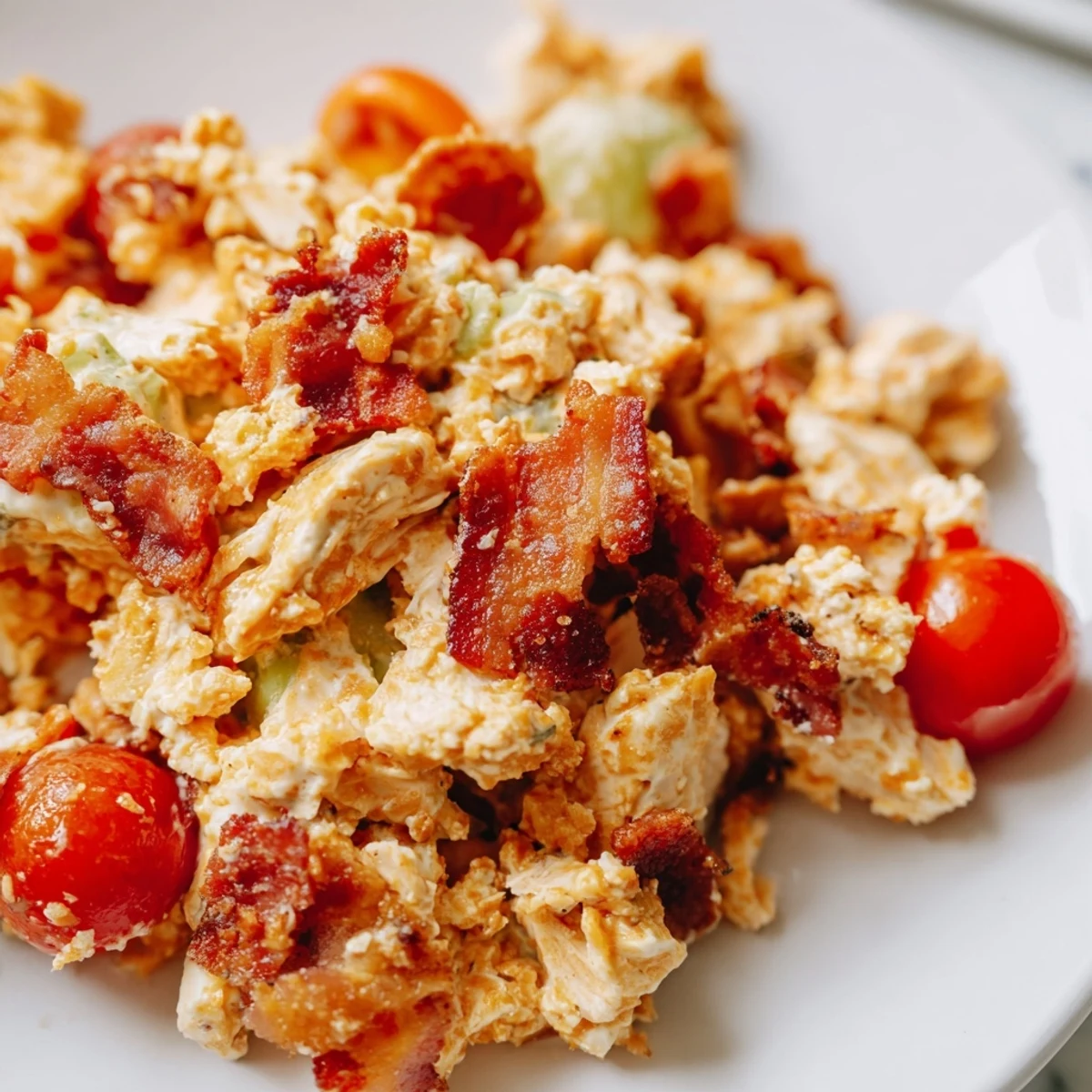 Fresh BLT Chicken Salad with juicy grilled chicken, crispy bacon, ripe tomatoes, and crunchy lettuce in a creamy dressing.