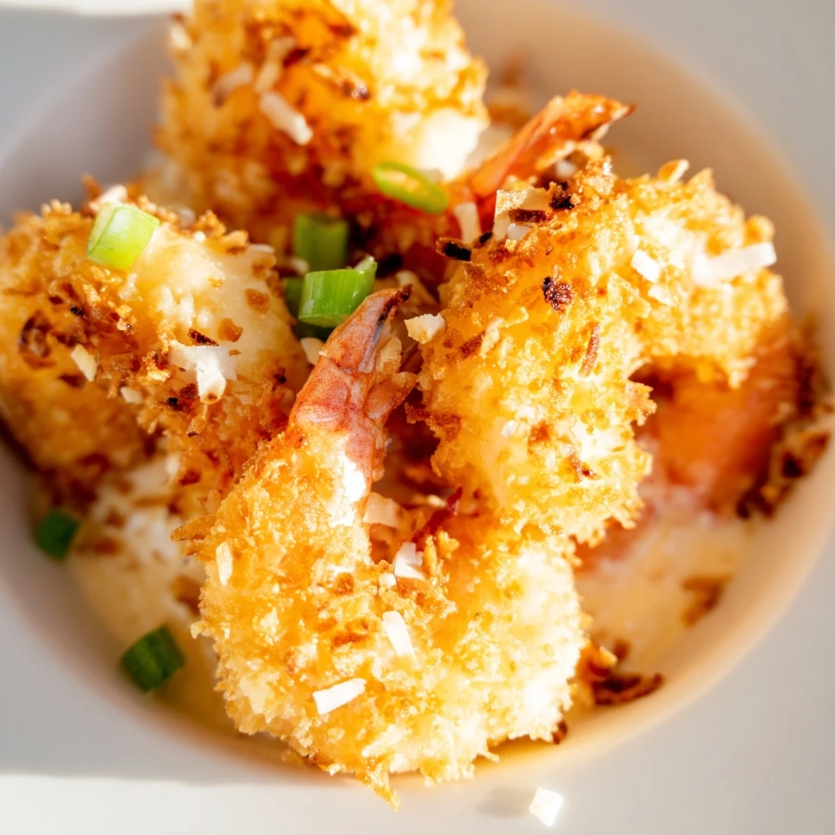 Golden fried Chinese Coconut Shrimp glistening with creamy white sauce, garnished with toasted coconut flakes and sliced green onions on a plate.