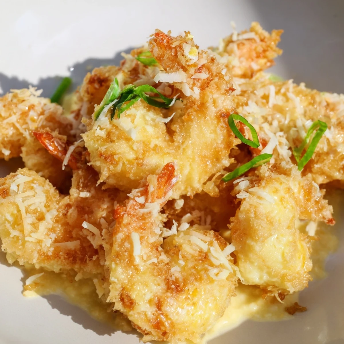 Close-up of crunchy Chinese Coconut Shrimp with toasted coconut coating, drizzled with sweet and savory sauce, ready to serve at a dinner table.