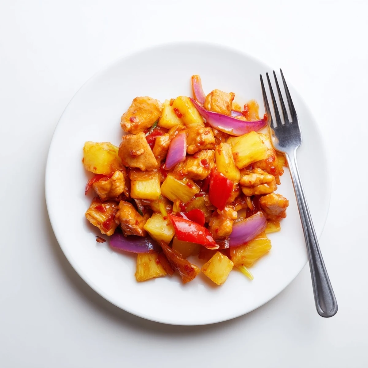 A close-up of Pineapple Chicken Stir Fry with Sweet Chili and Sesame Seeds showcases juicy pineapple and crisp veggies.