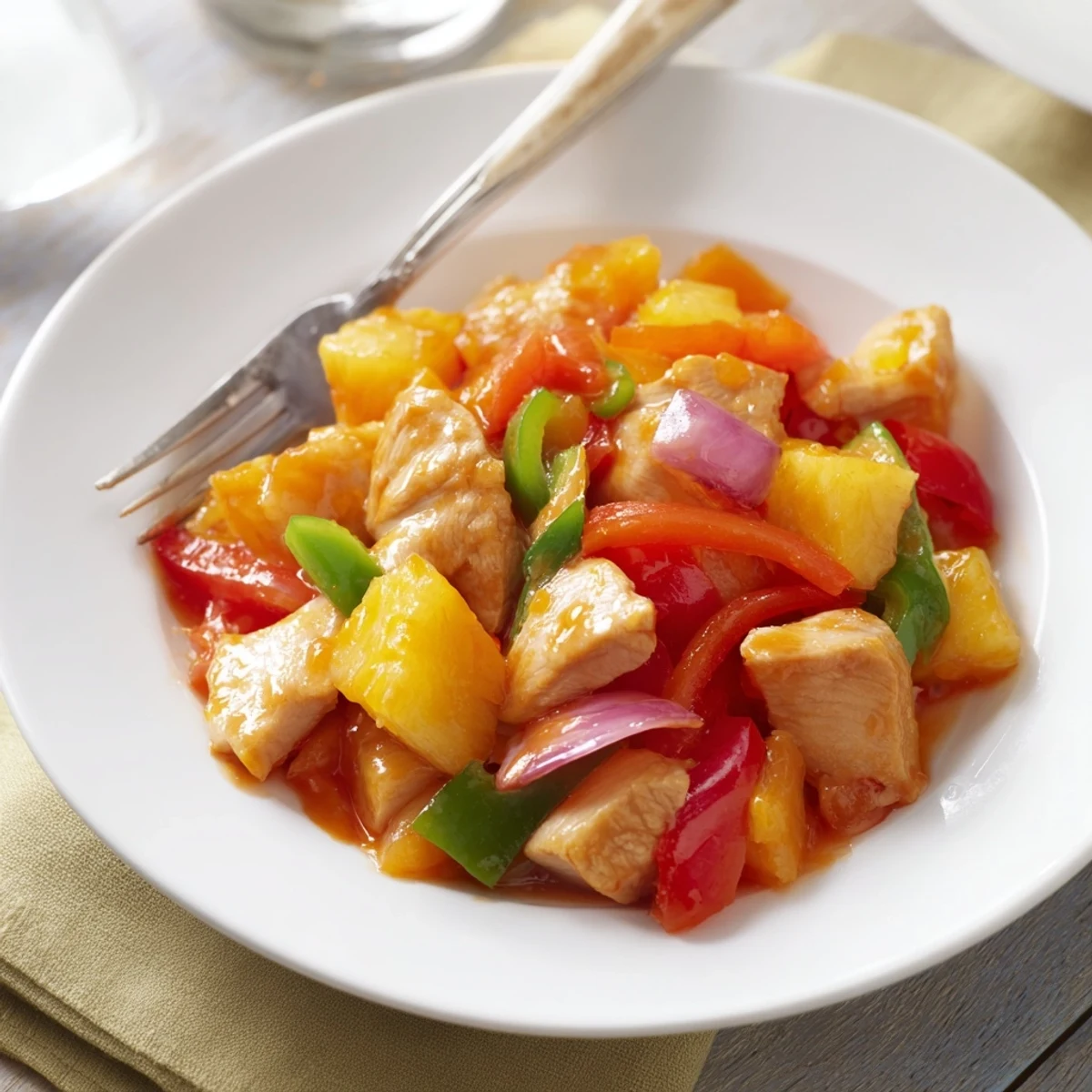 Golden-brown Pineapple Chicken Stir Fry with Sweet Chili and Sesame Seeds glistens with sauce, garnished with toasted sesame seeds.