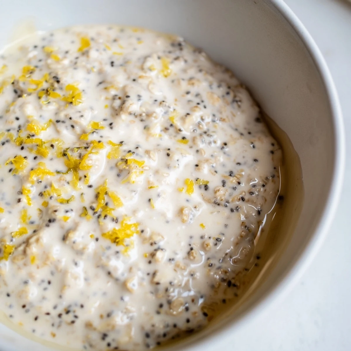 A top-down view of Vegan Lemon Poppy Seed Overnight Oats in a glass jar, showing creamy oats with bright lemon zest.