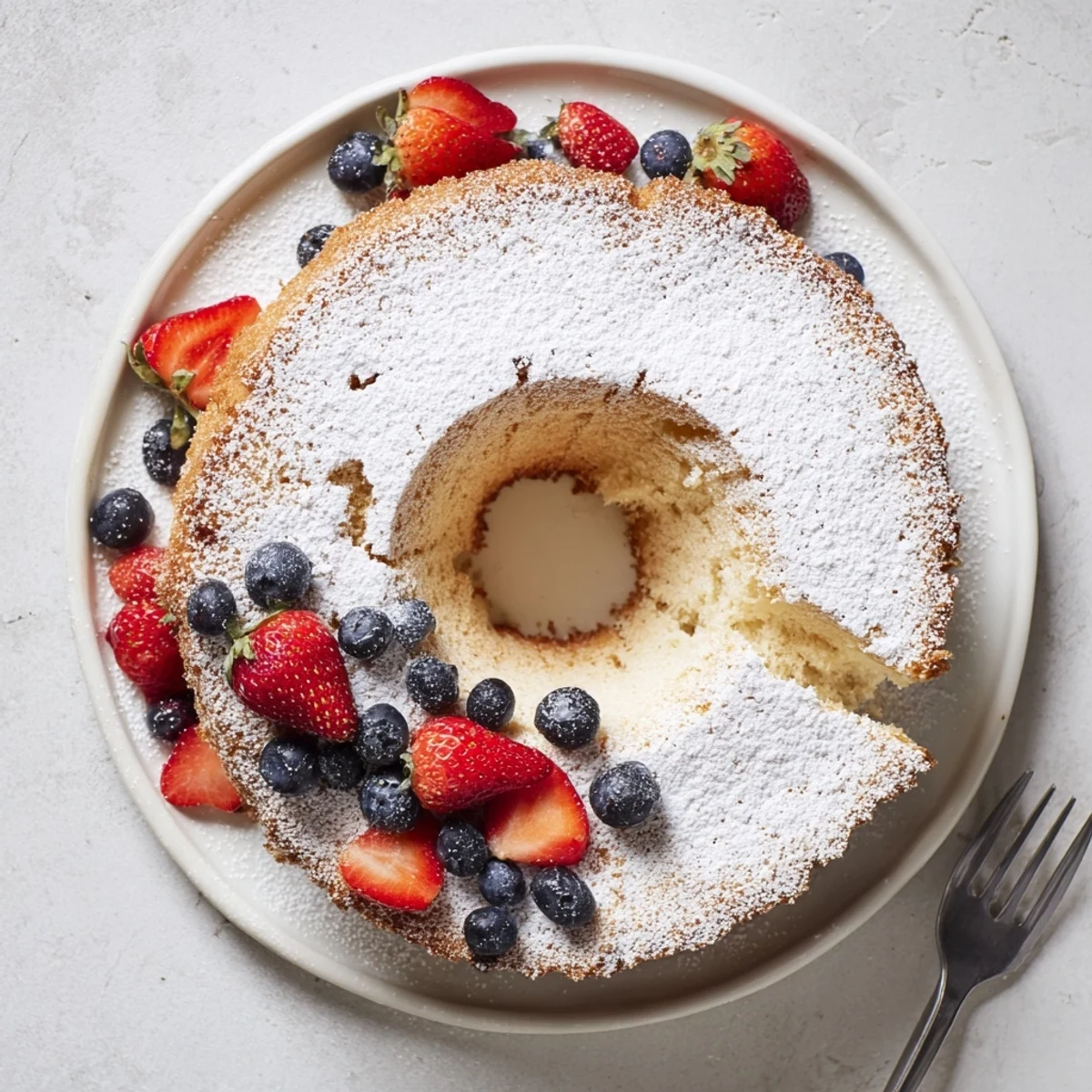 A slice of Fluffy Yogurt Cloud Cake dusted with powdered sugar sits beside fresh berries on a white plate.