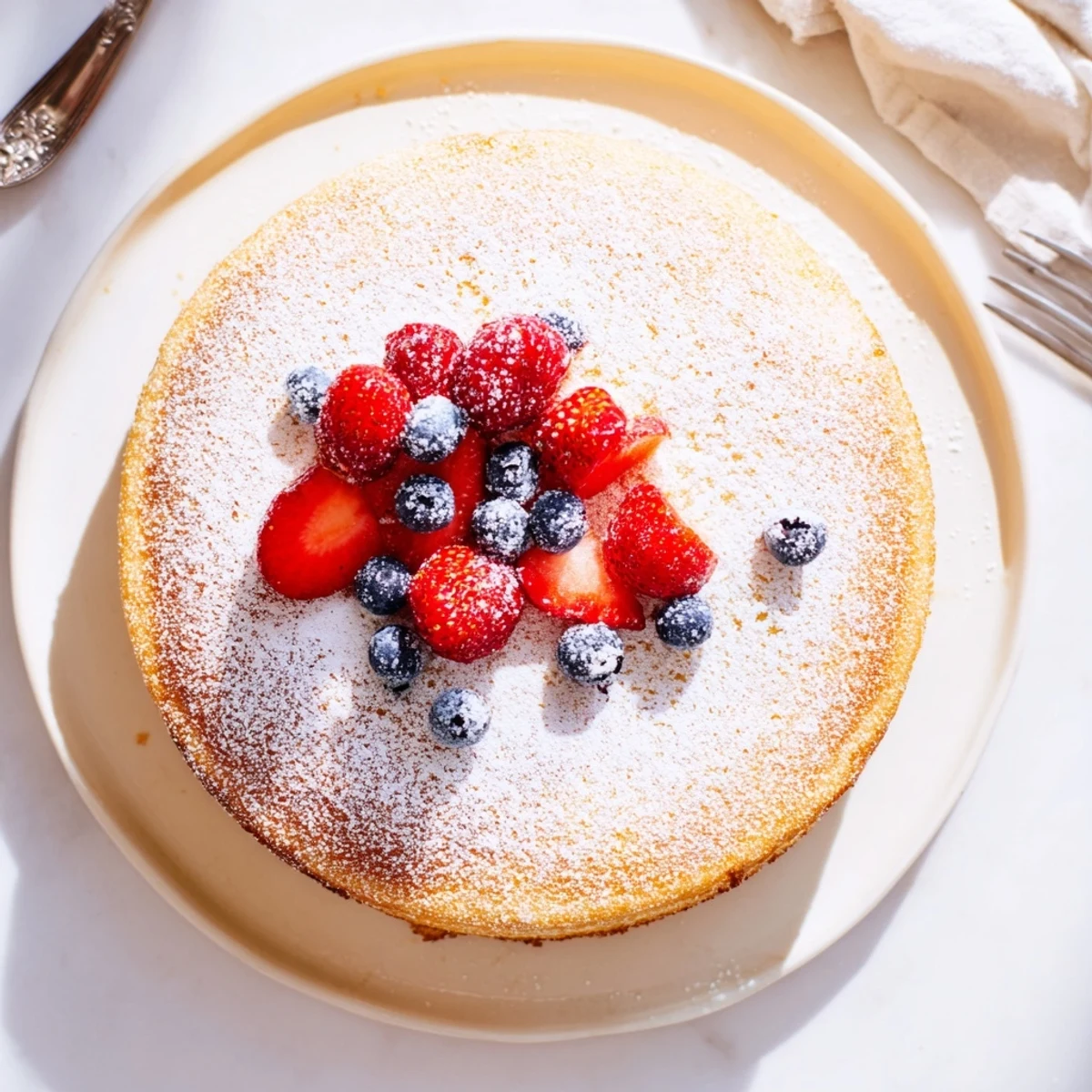 A whole Fluffy Yogurt Cloud Cake presented on a cake stand, ready to serve with lemon zest garnish.