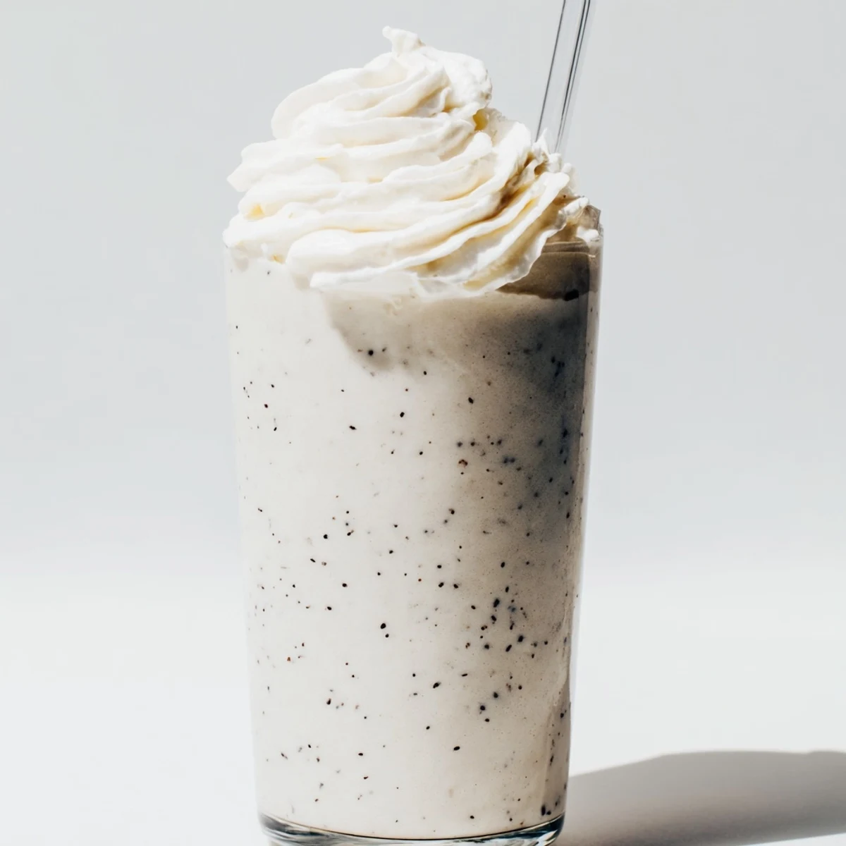 Homemade Vanilla Bean Frappuccino poured into tall glasses, garnished with a straw and a cool, frothy finish.