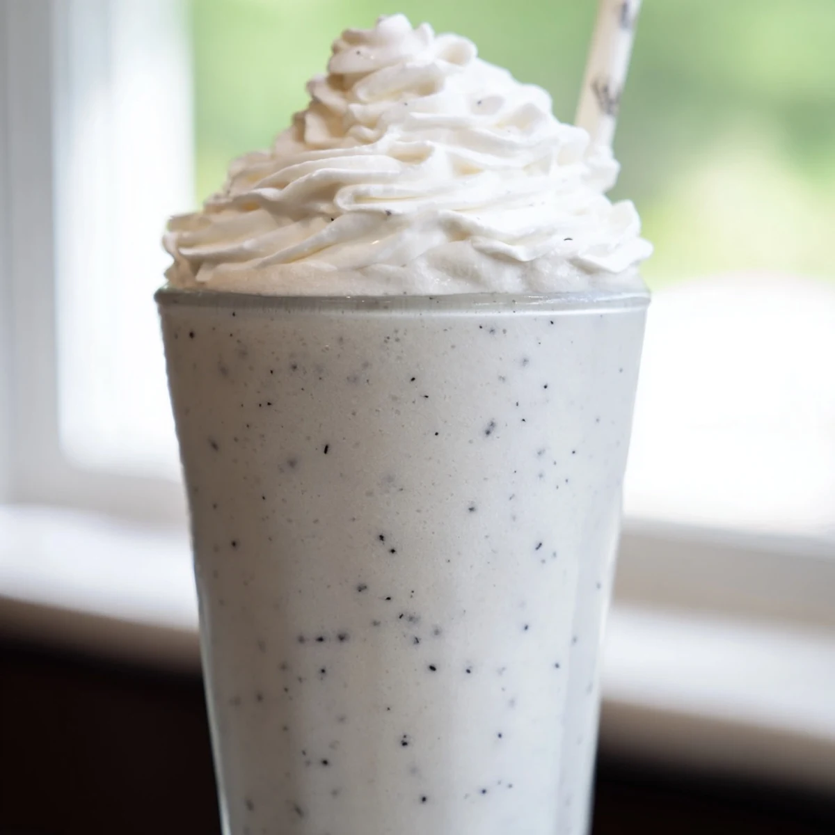 Creamy Vanilla Bean Frappuccino blended with ice and topped with fluffy whipped cream for a refreshing treat.