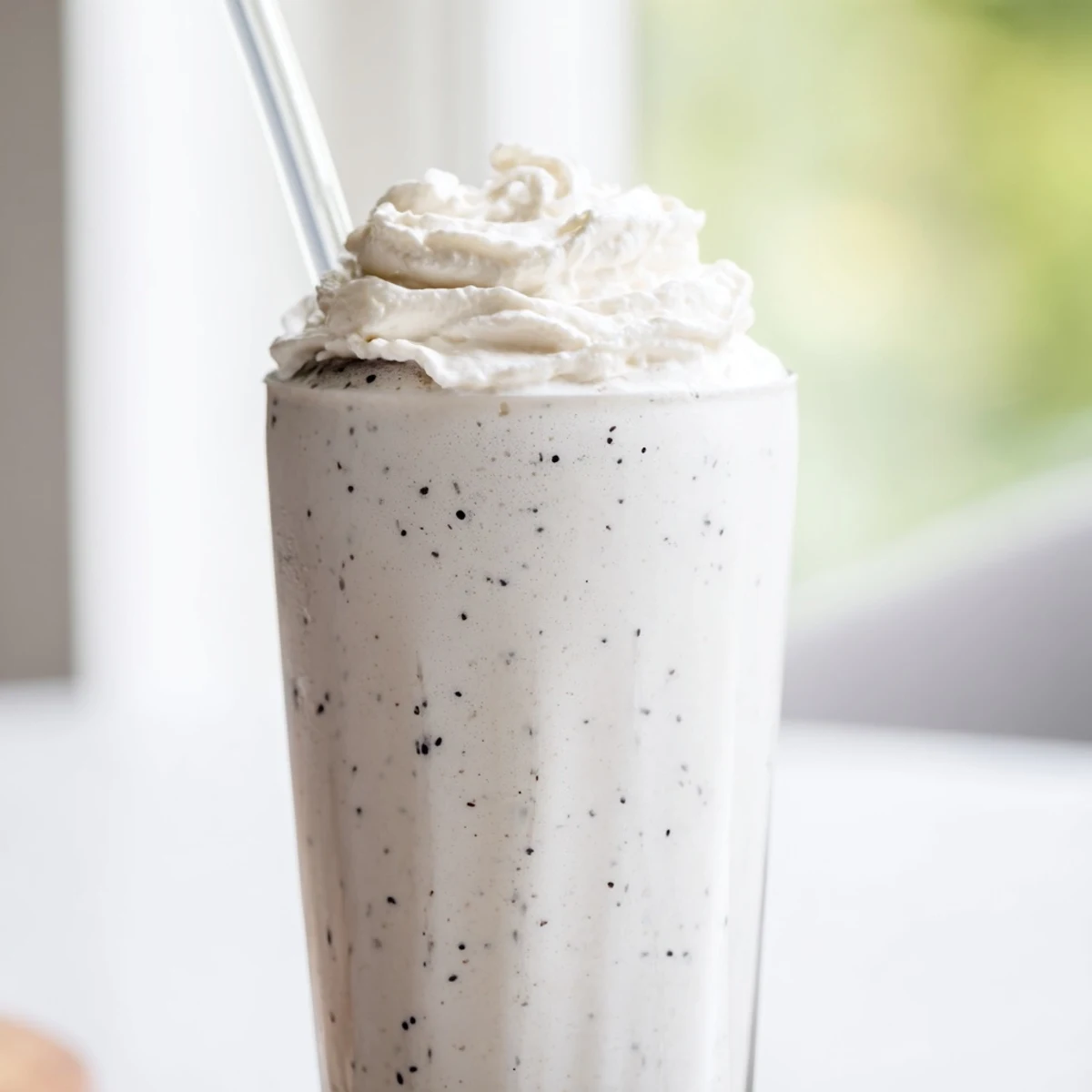 Delicious Vanilla Bean Frappuccino featuring a blend of vanilla ice cream and milk, served with a sweet aroma.