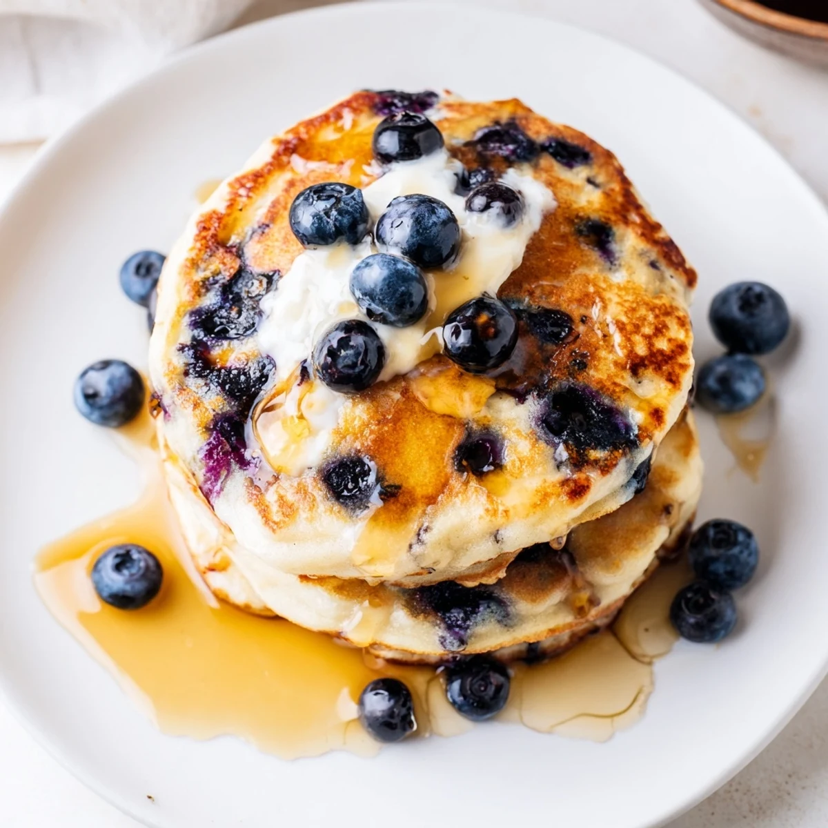 Tall Fluffy Greek Yogurt Blueberry Pancakes topped with a dollop of yogurt and maple syrup dripping down.