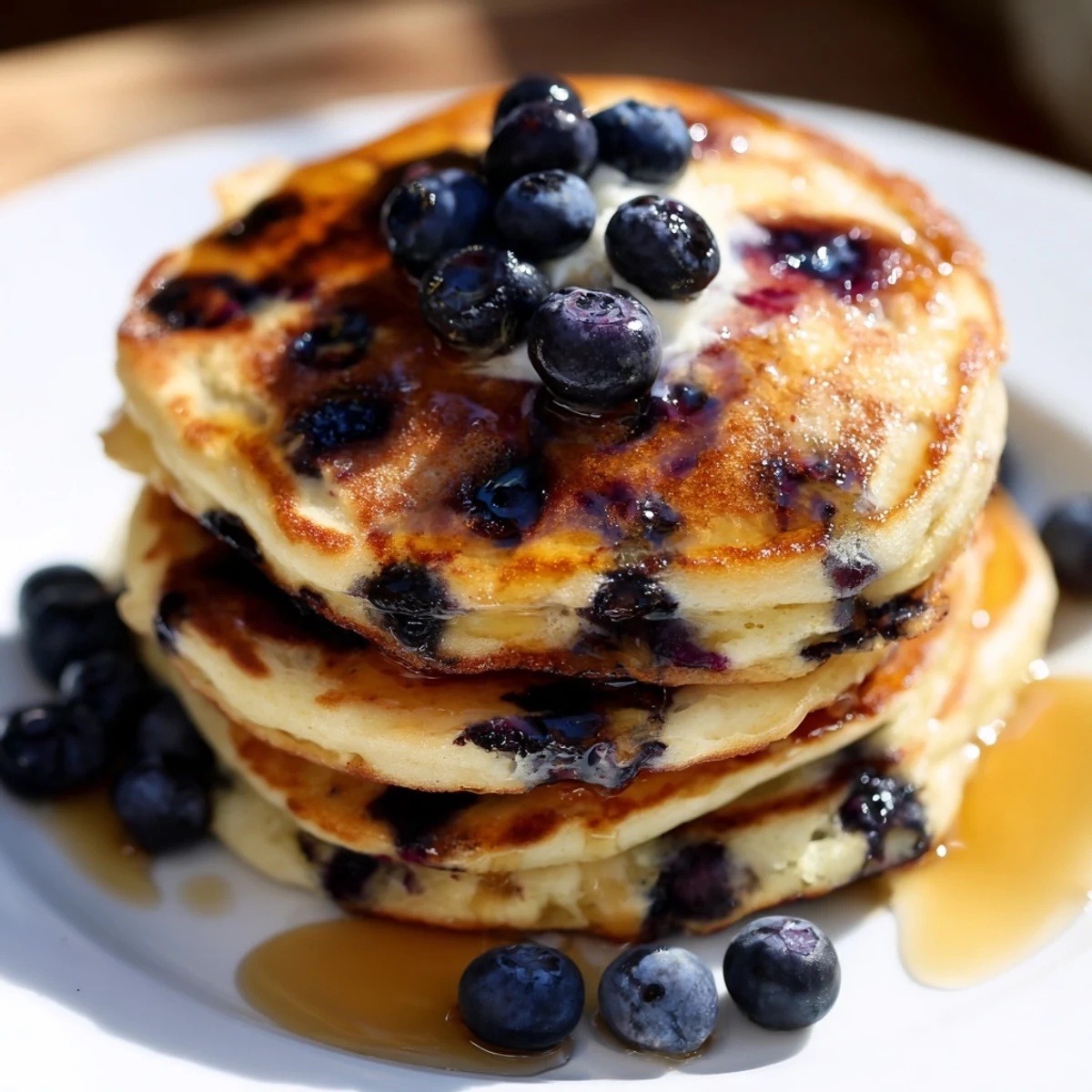 Fluffy Greek Yogurt Blueberry Pancakes stacked high, bursting with juicy berries on a sunny breakfast table.