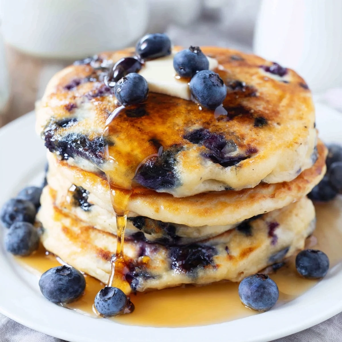Golden Fluffy Greek Yogurt Blueberry Pancakes cooking on a griddle, blueberries melting into the airy batter.