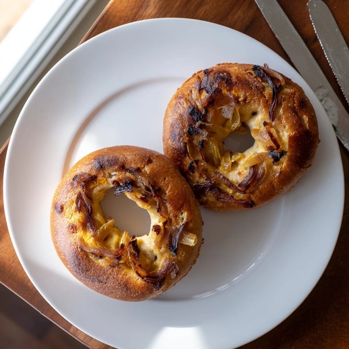 Golden-brown Sourdough Onion Bagels rest on a wire rack, their crusts dotted with sweet caramelized onions, perfect with a schmear of cream cheese.