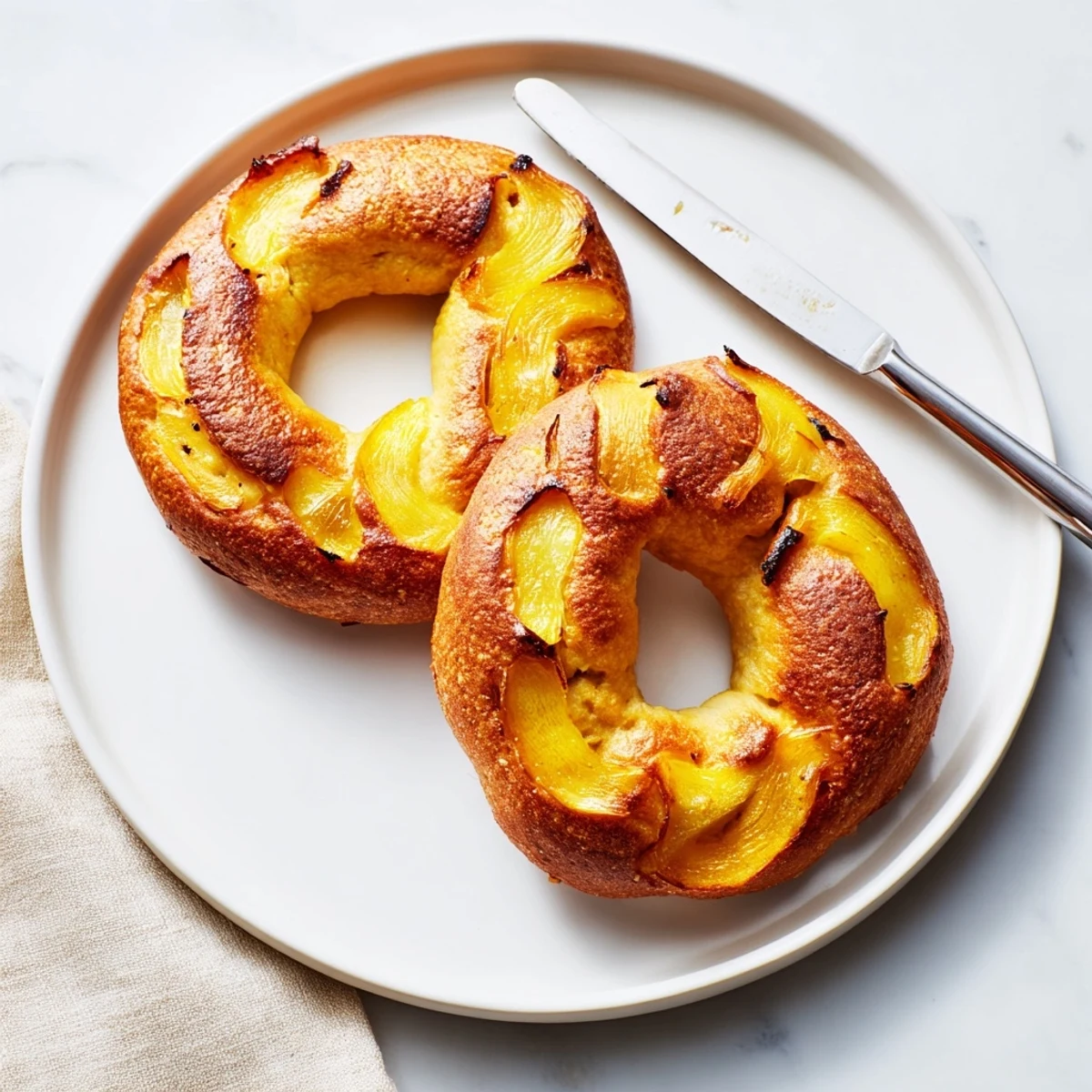 Freshly baked Sourdough Onion Bagels showcase chewy interiors and crispy exteriors, topped with deeply caramelized onions on a rustic wooden board.