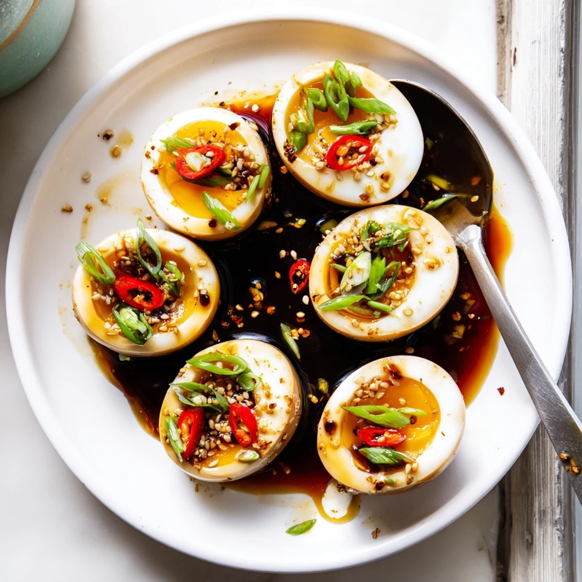 Six halved Korean Marinated Eggs glisten with sweet and savory soy glaze, garnished with sliced chilies and sesame seeds.