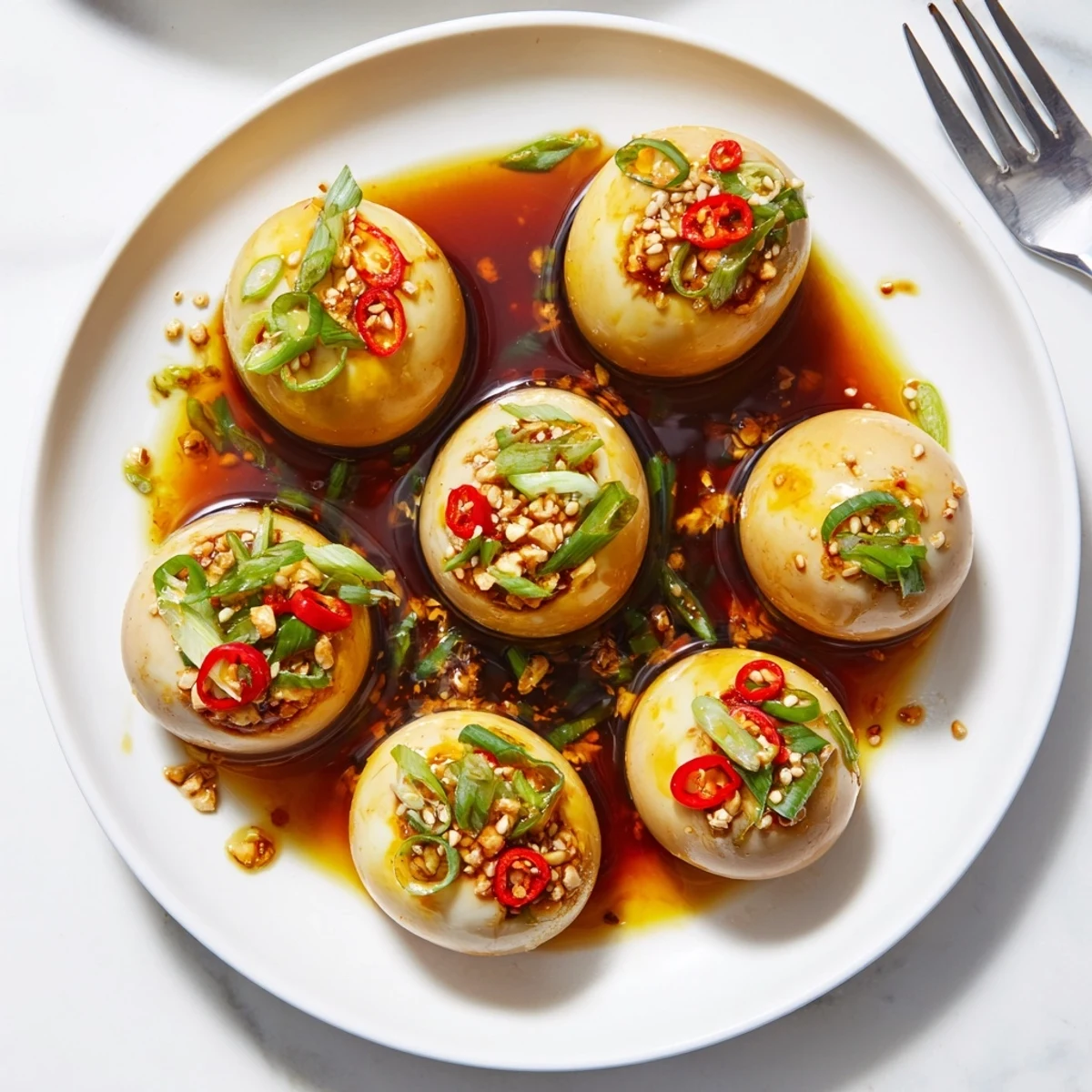 Six marinated Korean Marinated Eggs sit in a bowl, ready to top noodles or be enjoyed as a spicy snack.