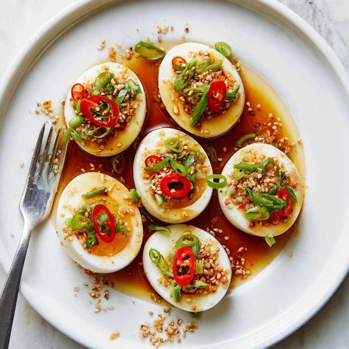 Tender soft-boiled Korean Marinated Eggs soak in aromatic garlic soy marinade, perfect served over steamed rice for dinner.