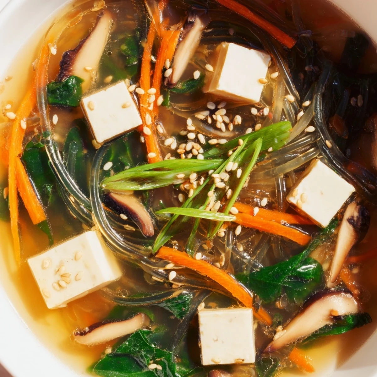 Colorful Japanese Harusame Noodle Soup with tofu cubes, carrots, mushrooms, and wilted spinach in a savory broth.
