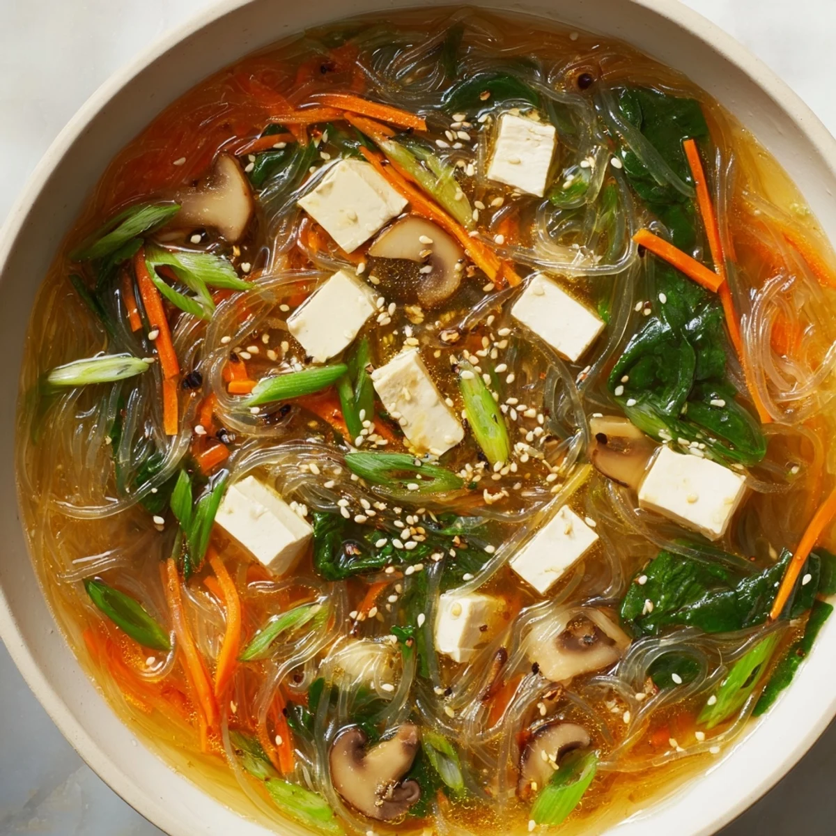 Japanese Harusame Noodle Soup steaming in a white bowl, garnished with sesame seeds and fresh green onions.