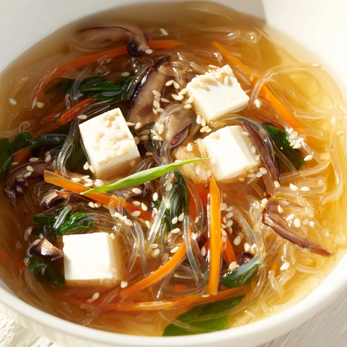 A comforting bowl of Japanese Harusame Noodle Soup served with chopsticks beside it, perfect for a light meal.