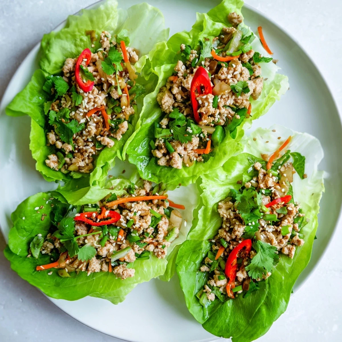 Juicy ground chicken filling with ginger and sesame flavors, tucked into crisp butter lettuce for Potsticker Chicken Lettuce Boats.  