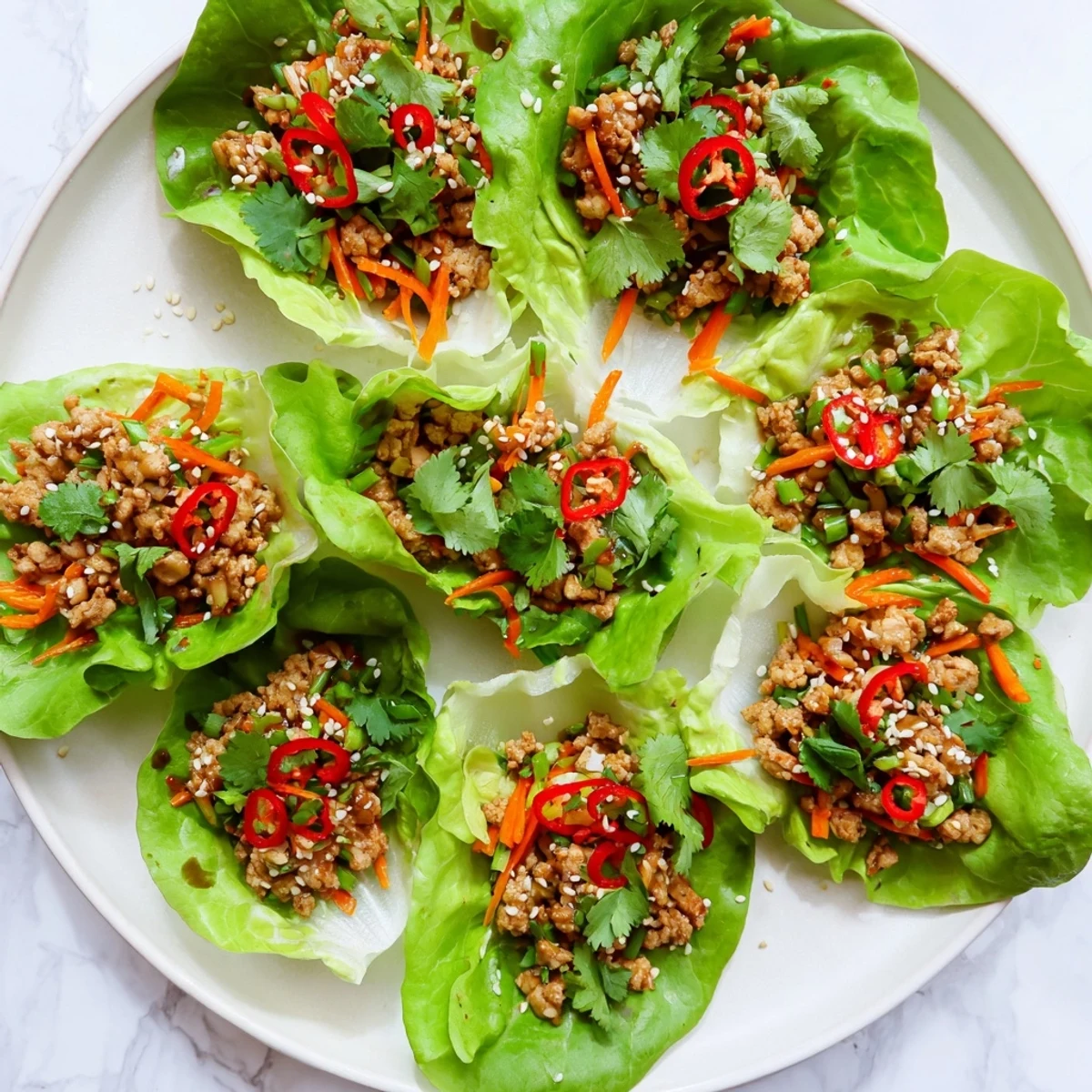 Potsticker Chicken Lettuce Boats feature shredded carrots and water chestnuts, topped with cilantro and sesame seeds for a fresh crunch.  