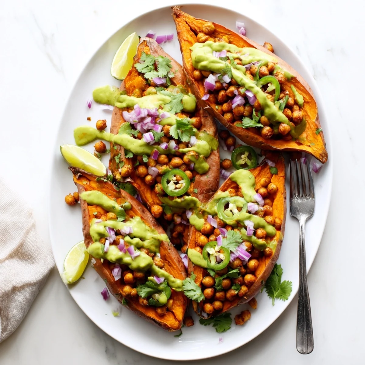 Freshly roasted sweet potatoes topped with smoky BBQ chickpeas and creamy avocado lime drizzle.