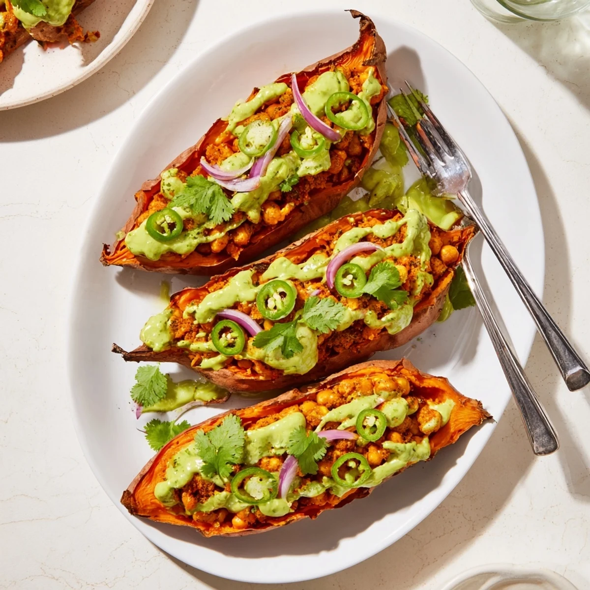 Vegan BBQ Chickpea Sweet Potatoes garnished with fresh cilantro and red onion on a plate.