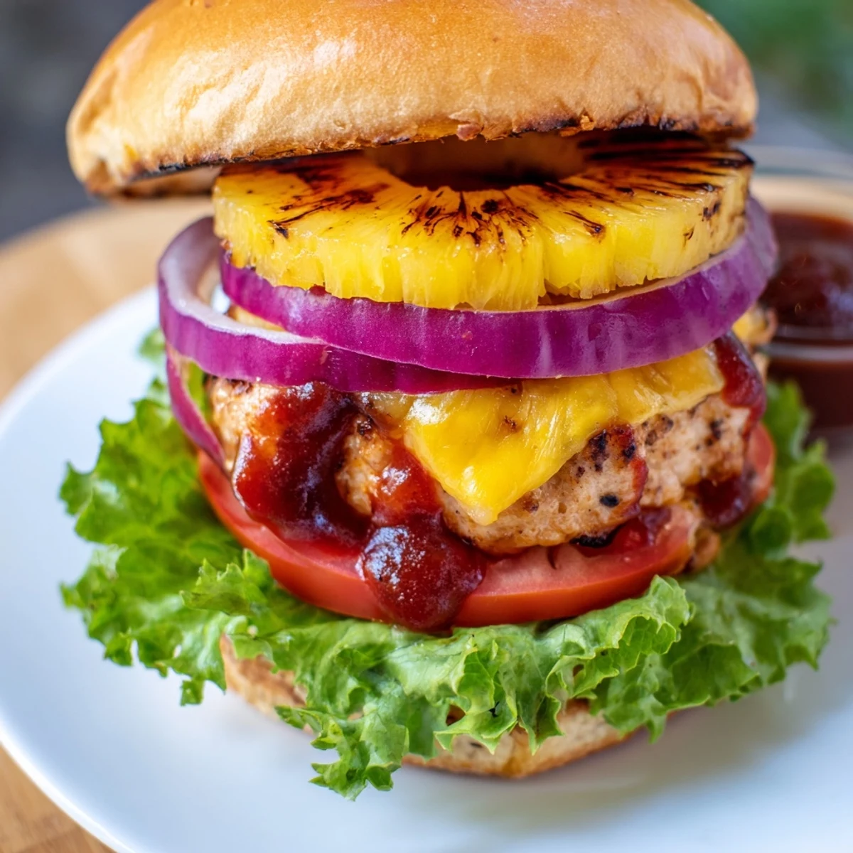 A juicy Hawaiian Pineapple Chicken Burger with grilled pineapple rings and barbecue sauce on a toasted bun.