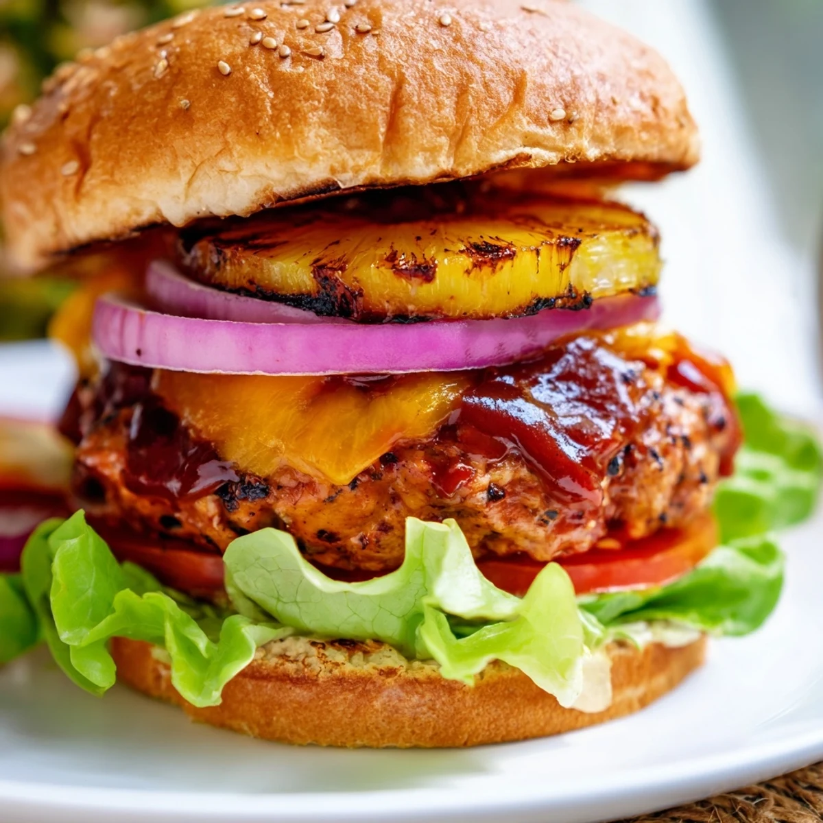 Close-up of a Hawaiian Pineapple Chicken Burger topped with fresh lettuce, tomato, and tangy barbecue sauce.