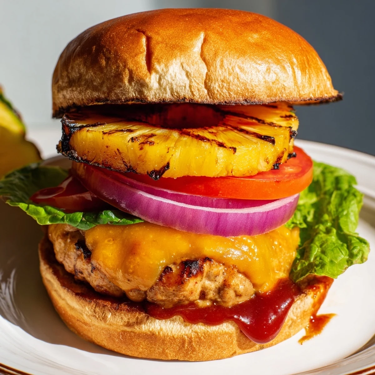 Grilled Hawaiian Pineapple Chicken Burger on a plate, served with barbecue sauce and fresh vegetable toppings.