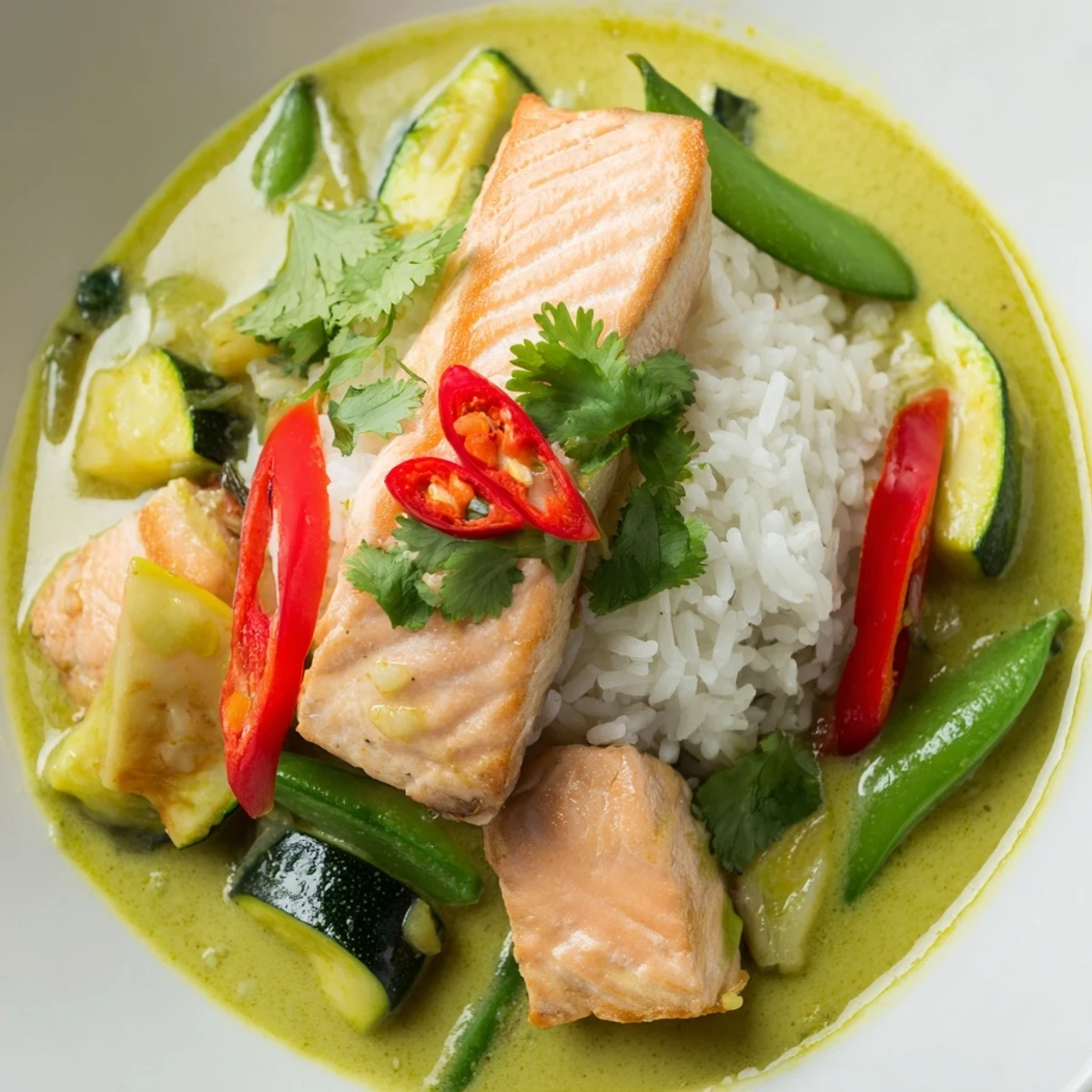 Green Thai Curry Salmon flaking gently over jasmine rice in a creamy coconut sauce.