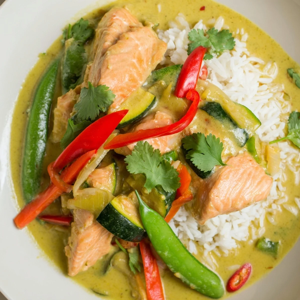 Close-up of Green Thai Curry Salmon garnished with cilantro and lime wedges on rice.