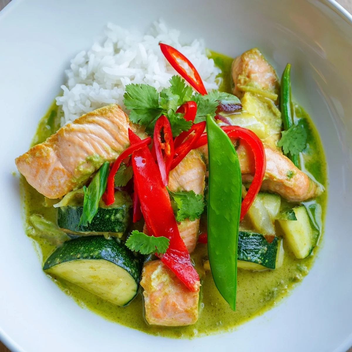 Tender salmon fillets simmered in aromatic green curry with vibrant vegetables for dinner.