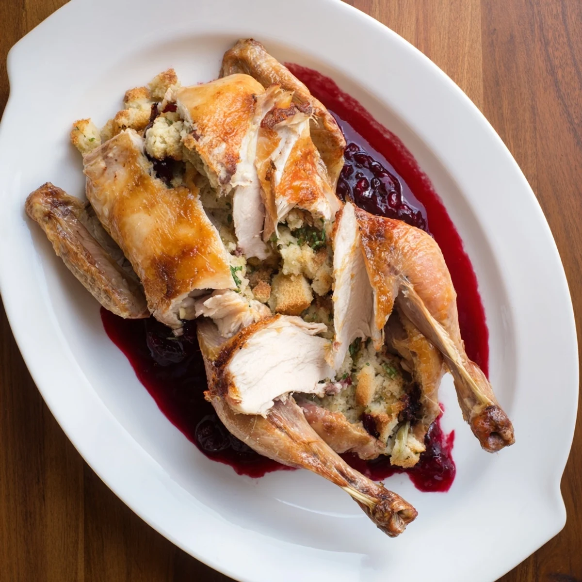 Whole roasted chicken with sage stuffing, garnished with fresh herbs and drizzled with glossy cherry sauce, ready to slice.