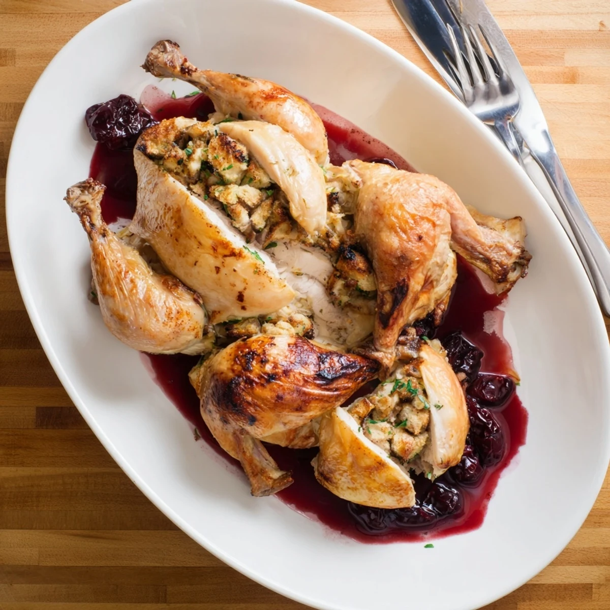 Freshly carved portions of cherry roast chicken with sage stuffing and cherry sauce, paired with roasted vegetables for a festive meal.