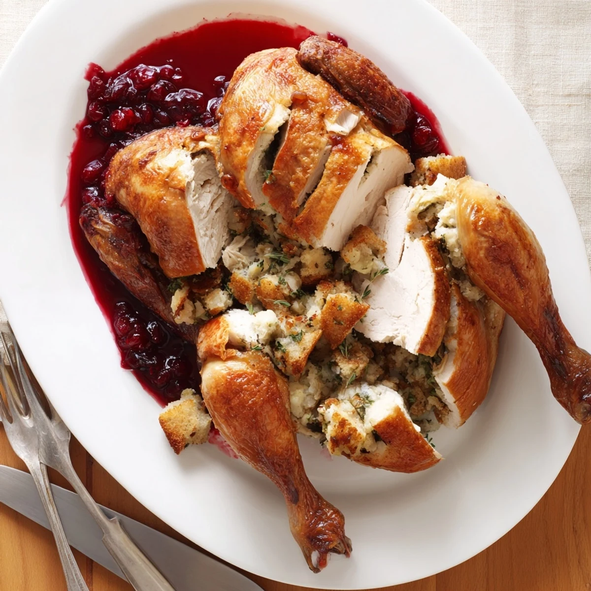 A golden-brown cherry roast chicken with sage stuffing sits on a platter beside a small bowl of vibrant cherry sauce.