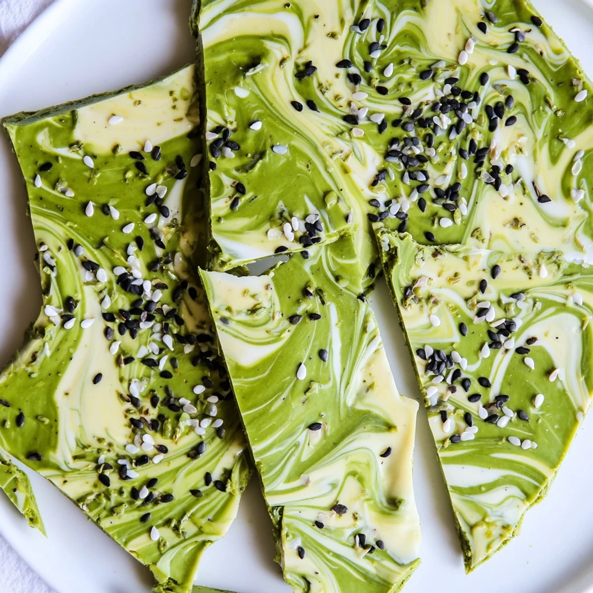Freshly set Black Sesame Matcha Bark with vibrant green matcha swirls and toasted black sesame seeds on a rustic wooden board.