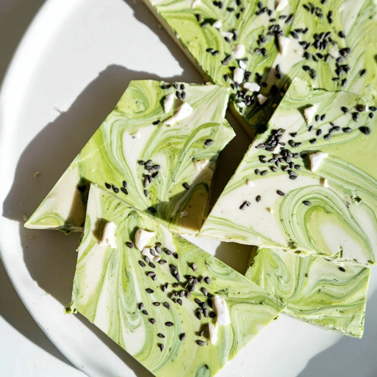 Elegant dessert platter featuring Black Sesame Matcha Bark slices served with a cup of hot green tea for dipping.