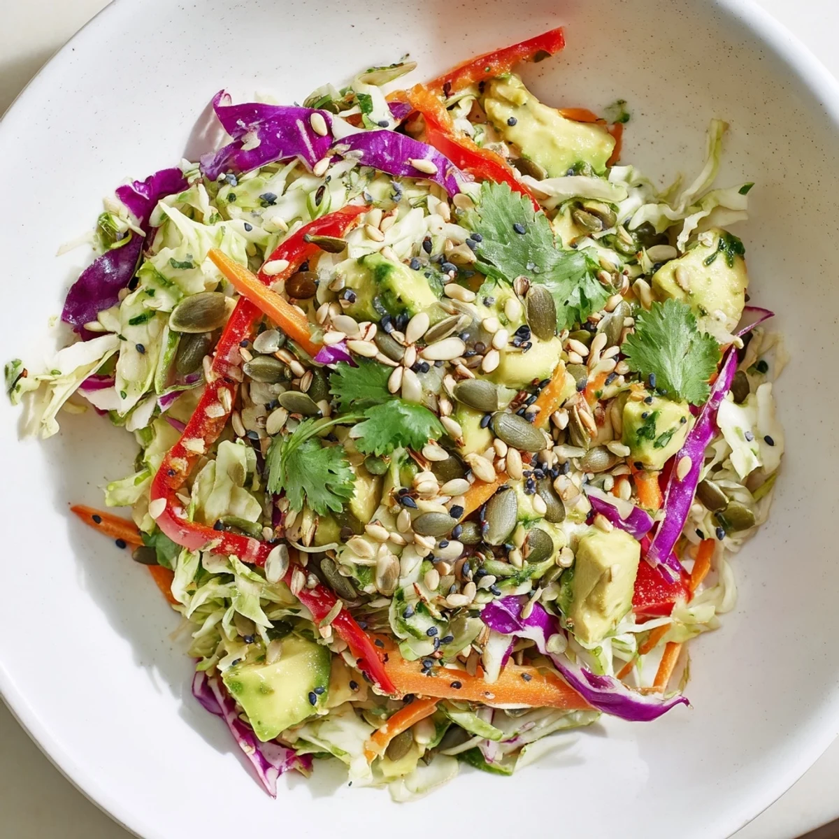 Freshly tossed Avocado Cabbage Salad with creamy diced avocado and crisp shredded greens in a zesty lime dressing.