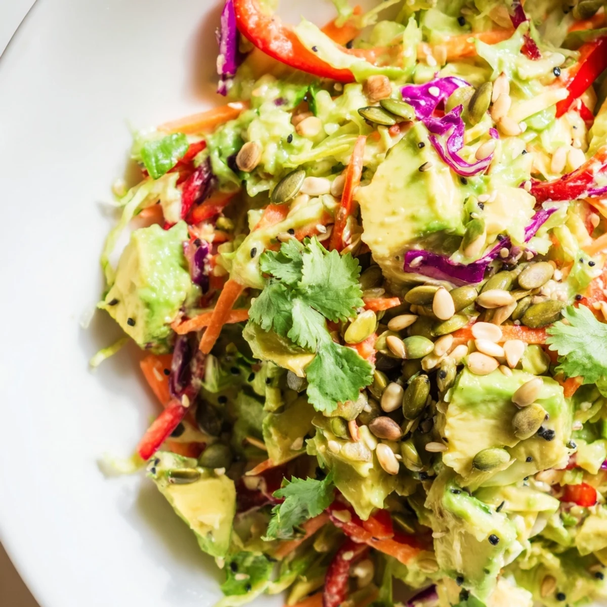 Vibrant Avocado Cabbage Salad in a white serving bowl, garnished with julienned carrot and fresh cilantro leaves.