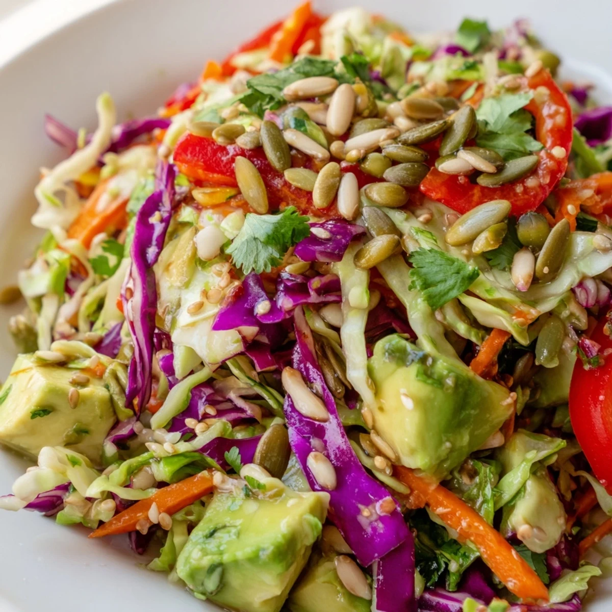 A light, vegan Avocado Cabbage Salad topped with crunchy pumpkin seeds and sesame seeds, perfect for a healthy side.