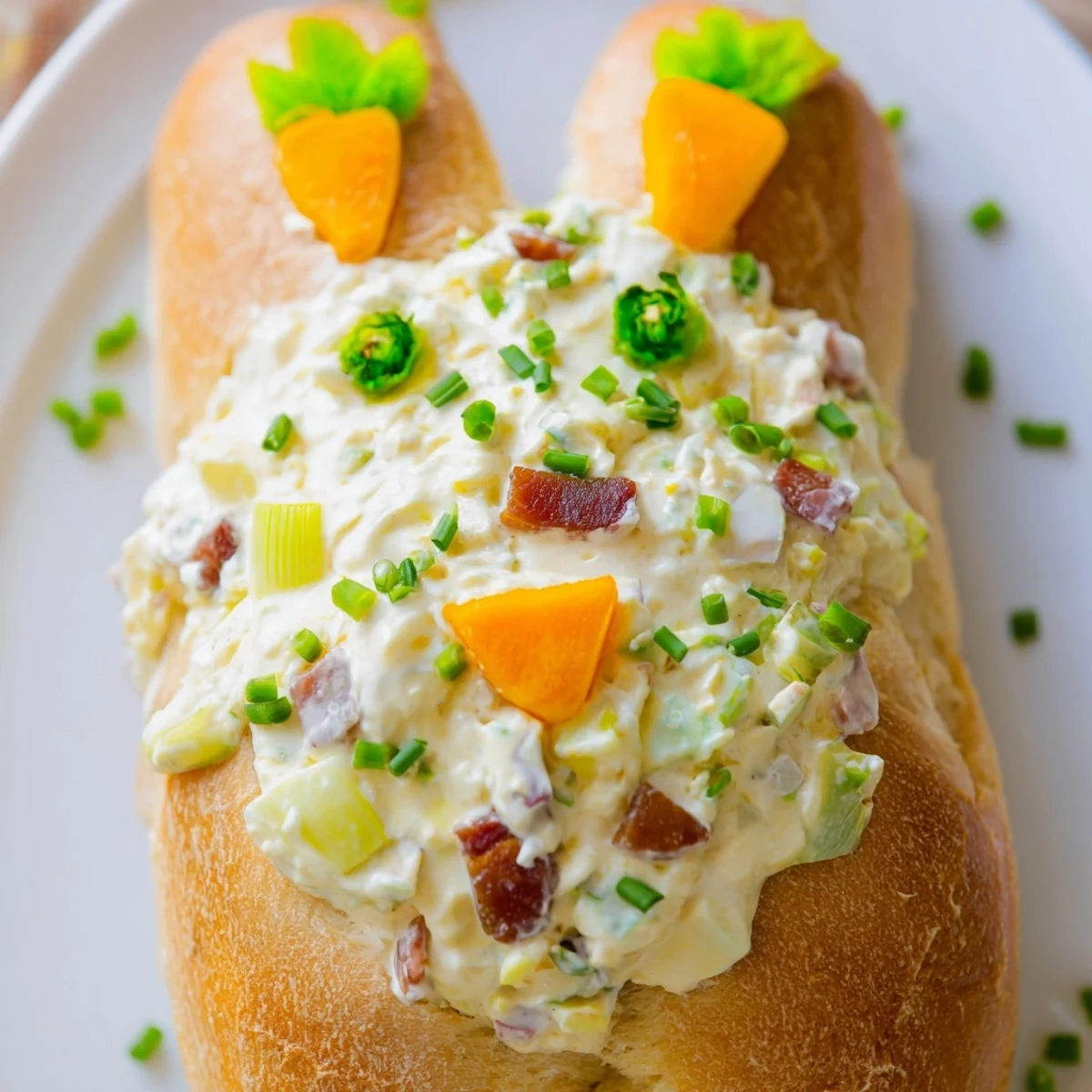 Golden-brown Easter Bunny Cob with Egg Salad sits on a springtime table, garnished with fresh chives and parsley for a festive brunch centerpiece.