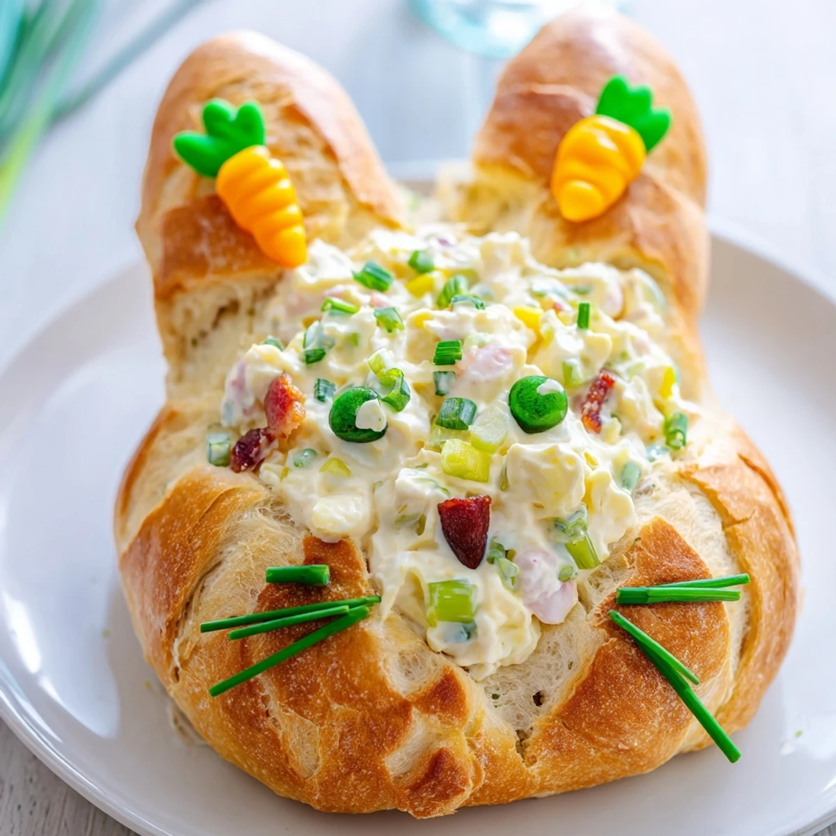 Cute rabbit-shaped bread centerpiece filled with creamy egg salad, celery, and bacon bits, perfect for a family-friendly Easter appetizer spread.