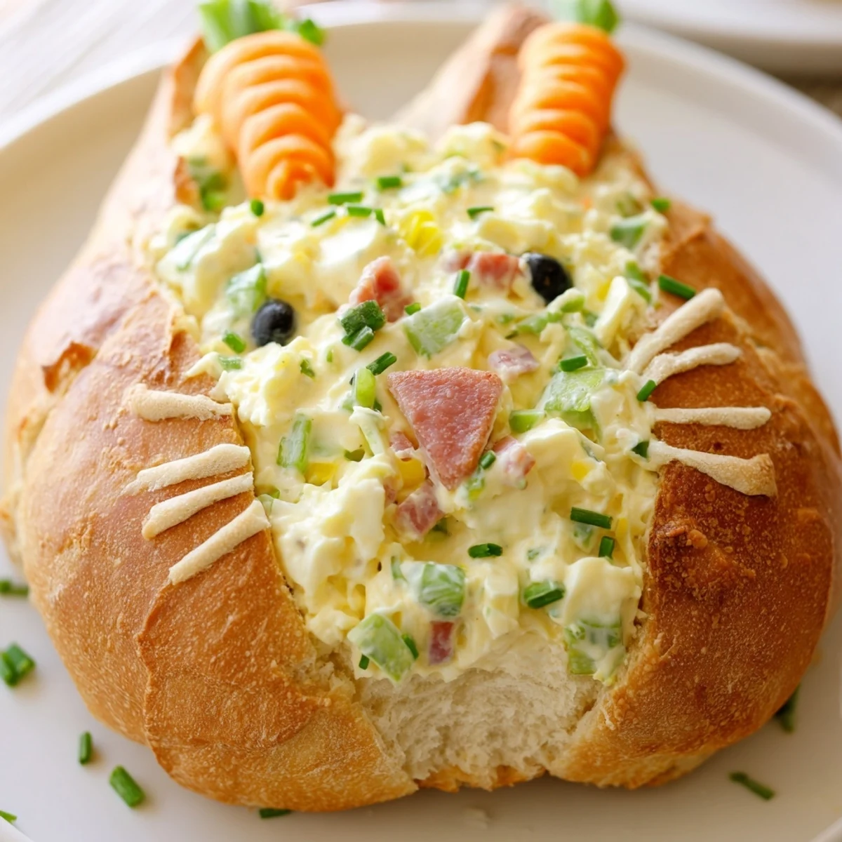 Freshly baked Easter Bunny Cob with Egg Salad served on a platter, showcasing the hollowed bread shell and fluffy egg filling.