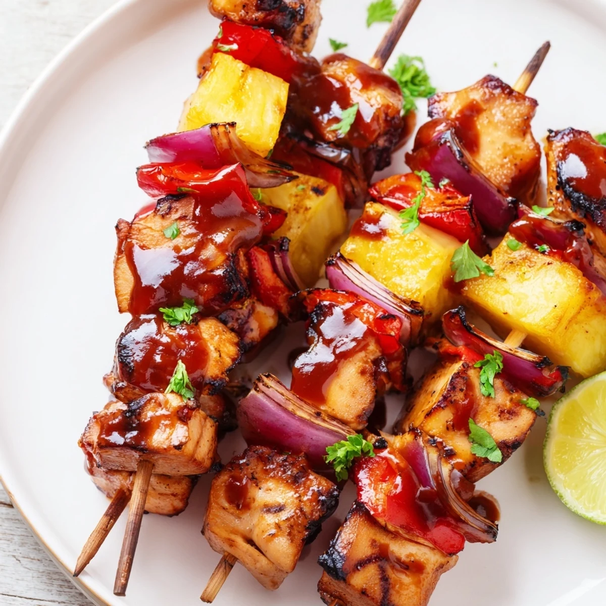 Juicy grilled Chicken and Pineapple BBQ Skewers on a platter, garnished with cilantro and lime wedges for a fresh summer meal.