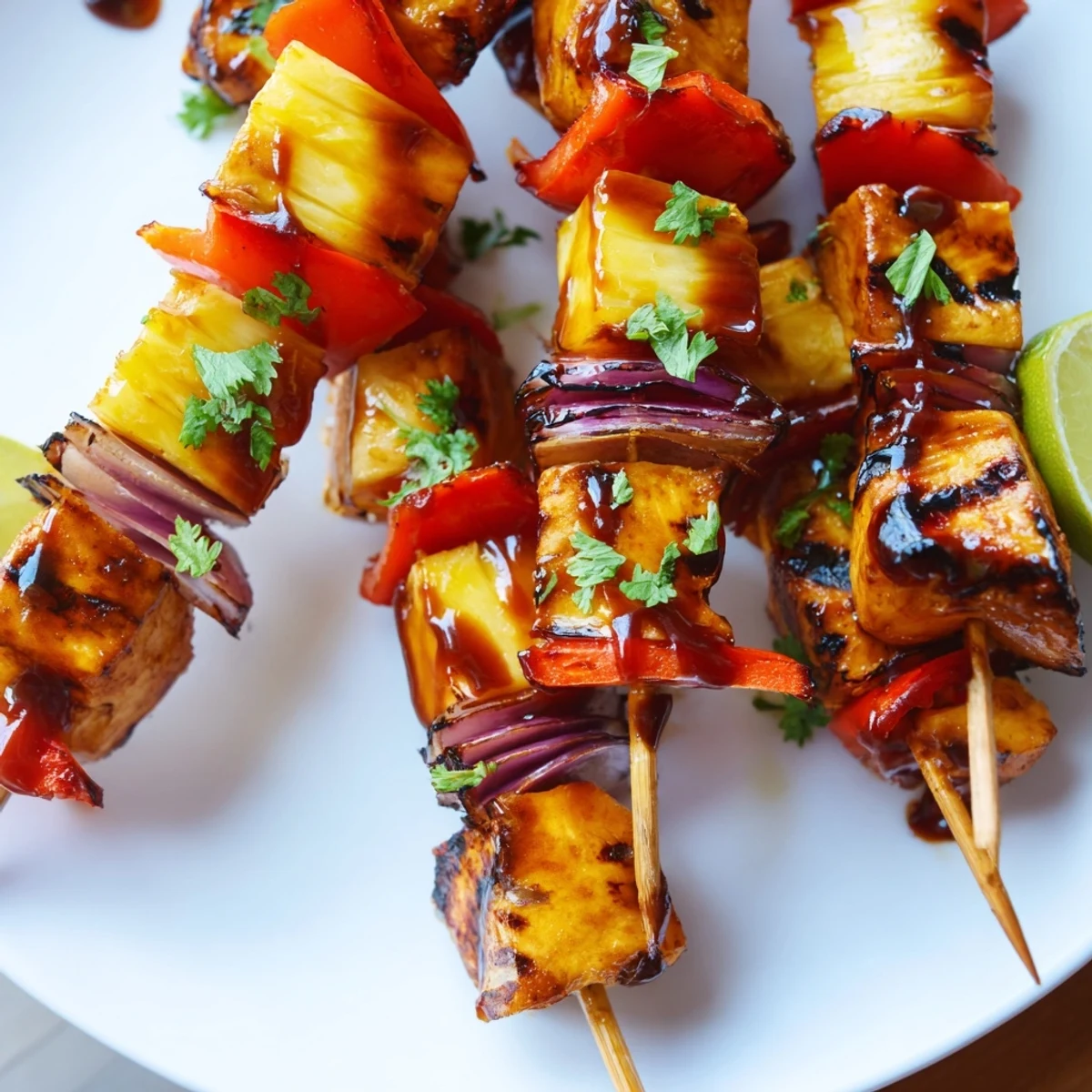 Close-up of Chicken and Pineapple BBQ Skewers with charred edges and glistening sauce, served beside a bowl of fluffy white rice.